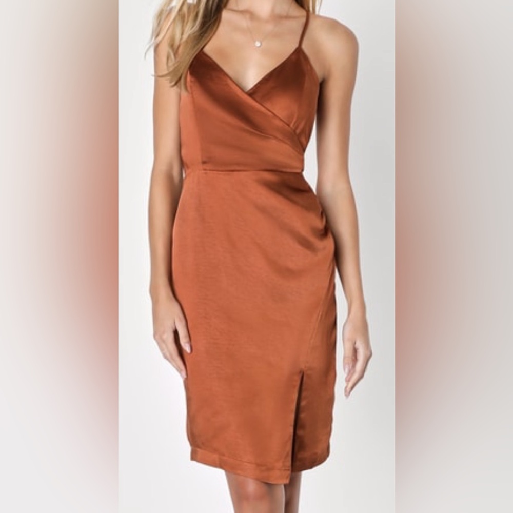 Lulu’s Bronze Satin Surplice Faux-Wrap Dress Size M. NWT.